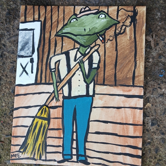Frog Sweeping Porch Painting Folk Art Original - Picture 9 of 10